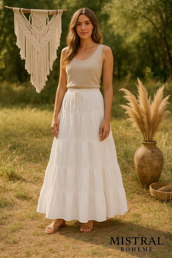 Boho White Maxi Skirt – Tiered Flowing Summer Skirt for Women