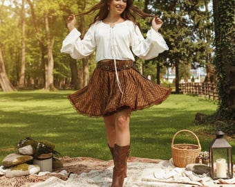 Boho Brown Patterned Mini Skirt with Lace Trim, Flared Cottagecore Prairie Skirt, Renaissance Festival Style, High Waisted Summer Skirt