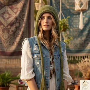 May include: A green knitted hood with long tassels. The hood is worn over a white top and a denim vest. The image has a bohemian aesthetic, with a soft focus and warm tones. The hood is a unique accessory.