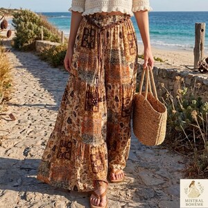 Bohemian Wide Leg Palazzo Pants for Women, Patchwork Print Tiered Beach Trousers, Boho Chic Festival Clothing, Flowing Hippie Style Pant
