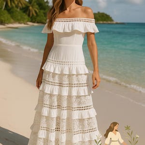 Boho White Lace Maxi Dress – Off Shoulder Ruffle Summer Dress – Beach Wedding Dress – Festival Outfit – Romantic Cottagecore Gown