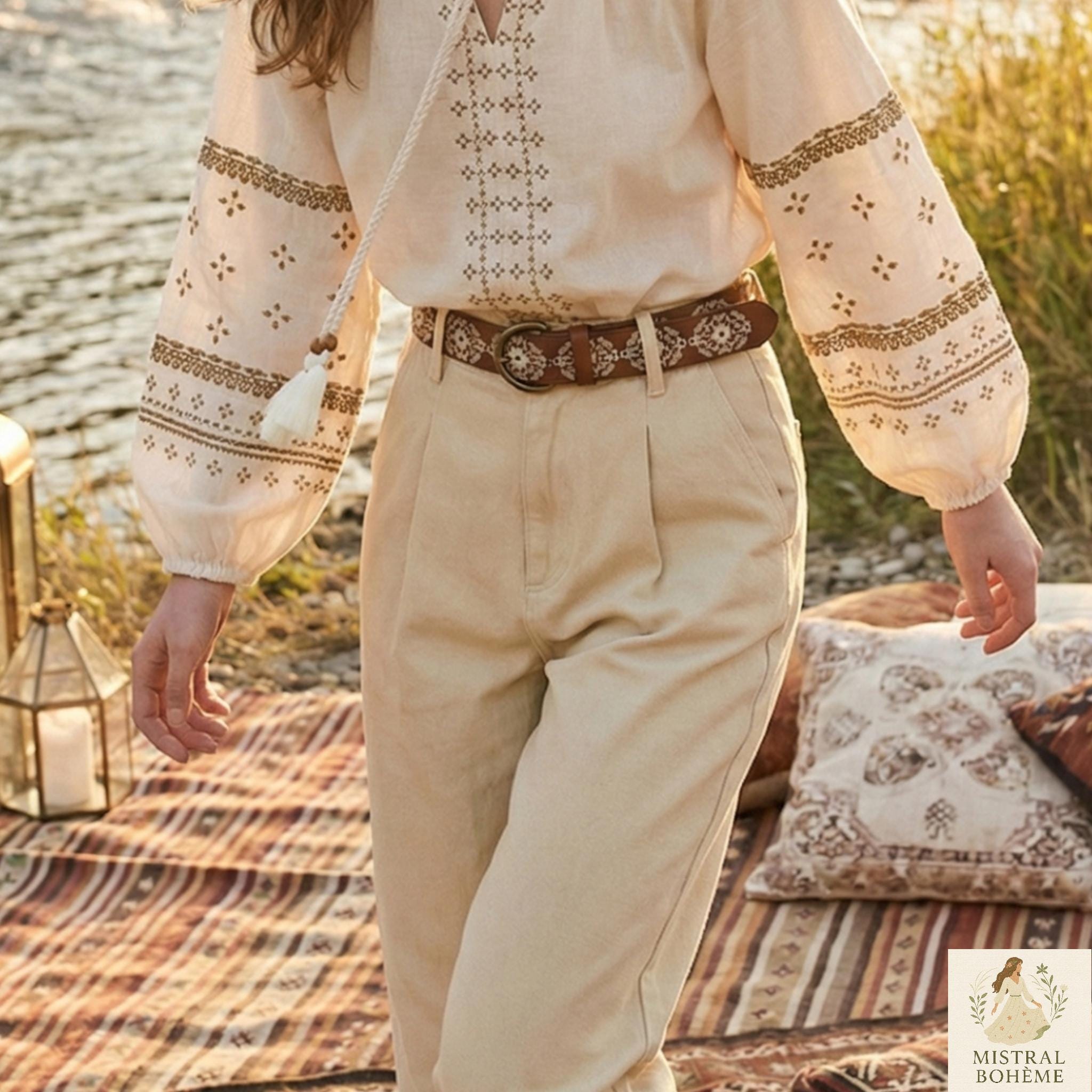 POL Leaf Embroidered Wide Belt with Wooden Bead Buckle – Boho Cottagecore Vibe WOMENS ROSE EMBROIDERED Western Cowgirl Cowboy Leather Belt  main image 3