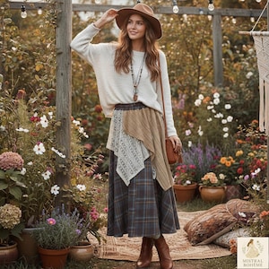 Boho Plaid Midi Skirt with Asymmetric Lace Overlays - Vintage Cottagecore Patchwork Handkerchief Hem Skirt for Women - Rustic Fall Look