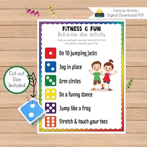 Op de afbeelding: Een kleurrijk printbaar "Fitness & Fun Roll-a-cise dice activity" blad met oefeningen zoals jumping jacks en armcirkels. Inclusief een uitknipbare dobbelsteen. Digitale download PDF.