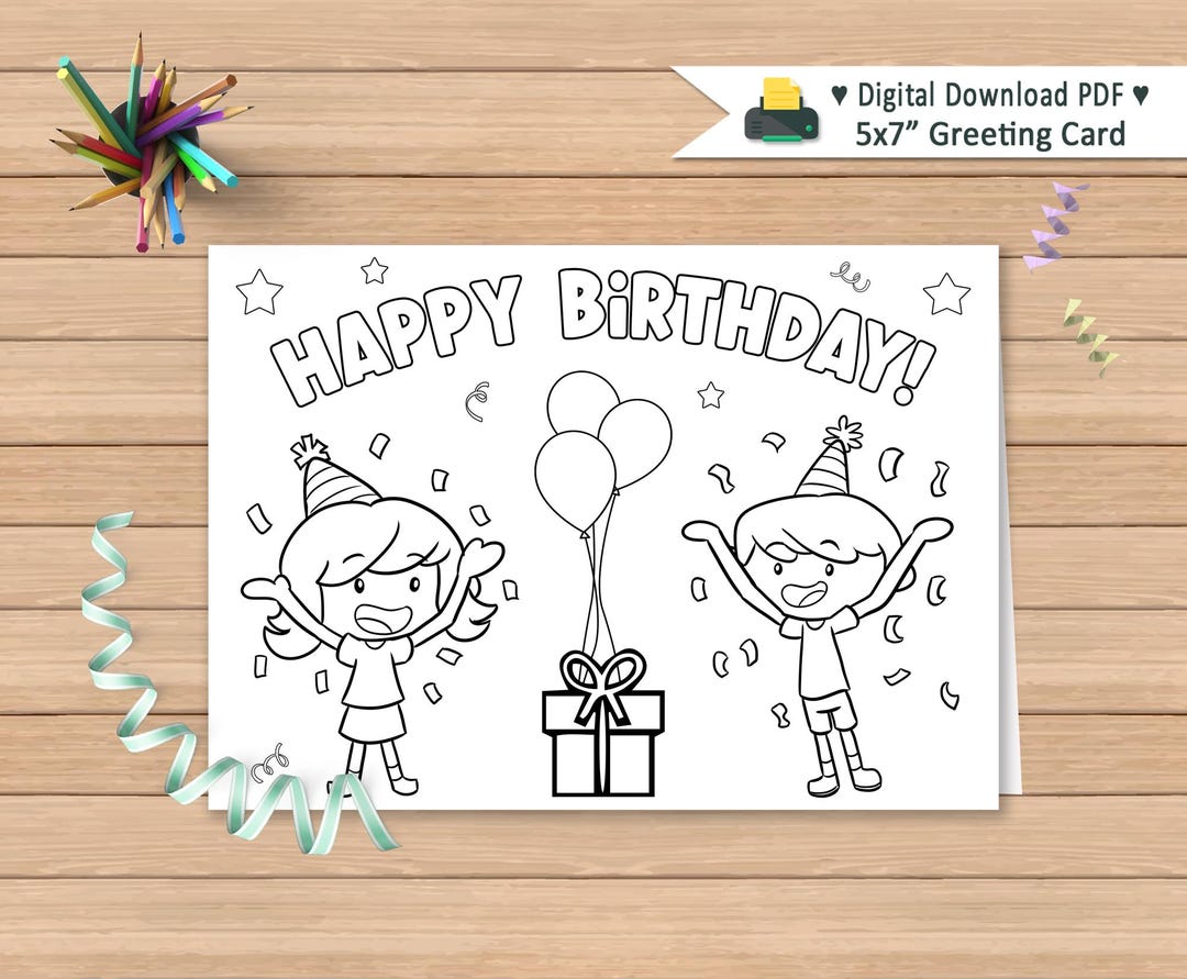 Happy Birthday Coloring Card for Kids: Printable 7x5 in (digital ...
