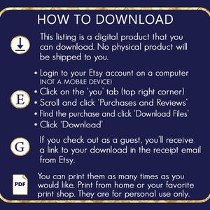 May include: A navy blue digital download guide with gold trim and white text. The text reads "HOW TO DOWNLOAD" and provides instructions for downloading a digital product from Etsy. Includes icons and bullet points.