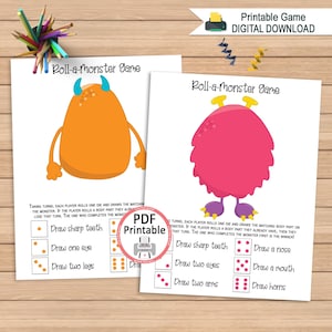 Könnte beinhalten: Zwei druckbare "Roll-a-Monster Game"-Blätter mit farbenfrohen Monsterillustrationen. Ein Monster ist orange mit blauen Hörnern, das andere ist rosa mit gelben Antennen. Jedes Blatt enthält Würfel und Körperteilaufforderungen.