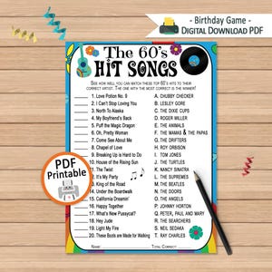 1960s Music Trivia Game: Retro Party Activity (Printable PDF Digital Download)