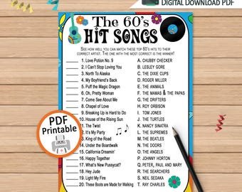 1960er Jahre Musik-Trivia-Spiel: Retro Party-Aktivität (druckbare PDF digitaler Download)