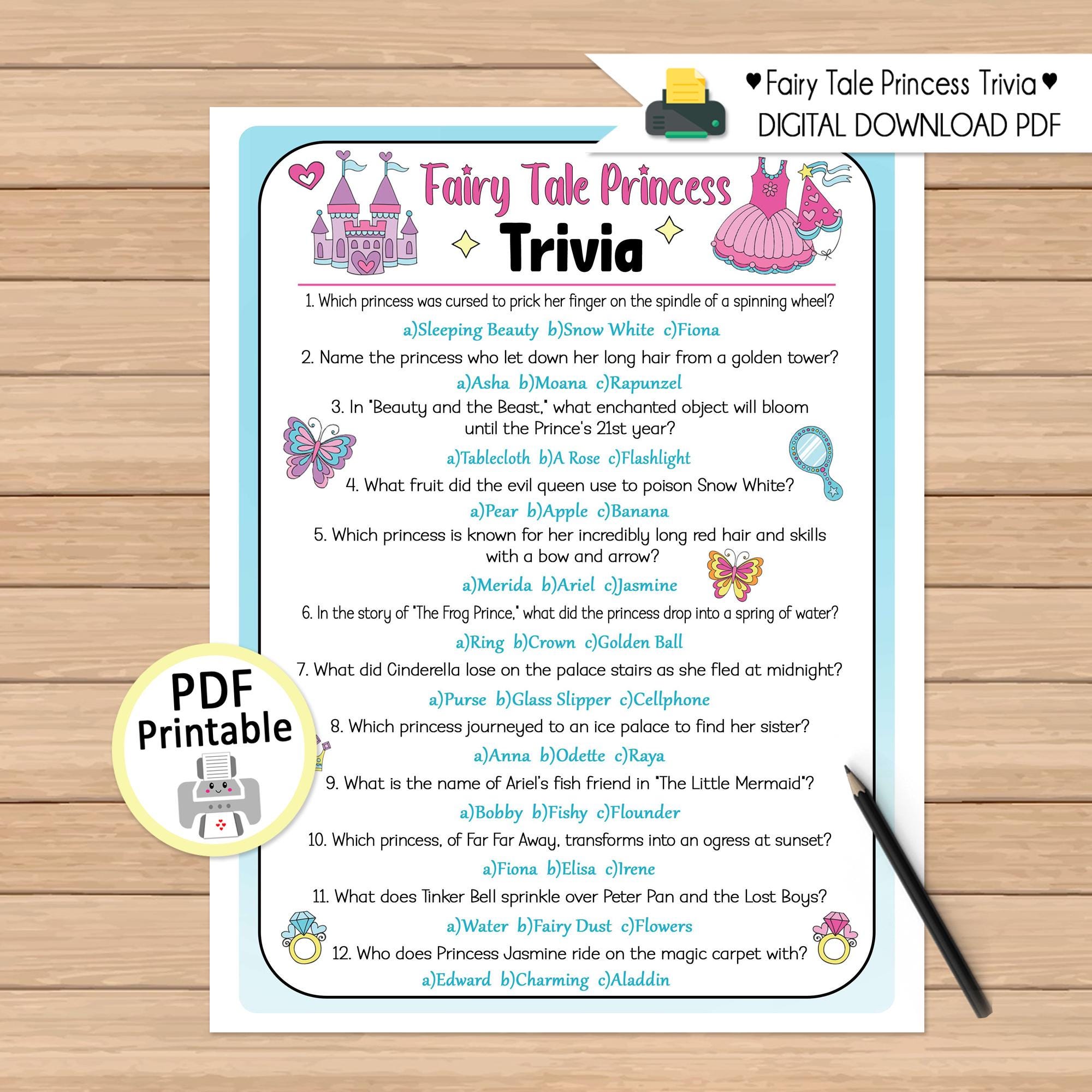 Fairy Tale Princess Trivia: Printable Questions Activity (PDF Digital Download) - Etsy