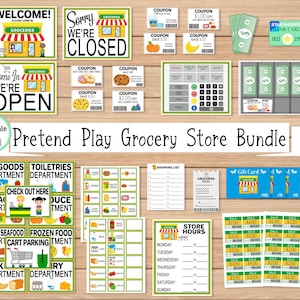 以下が含まれることがあります： 印刷可能なごっこ遊びの食料品店アイテムのコレクション。 「ようこそ」、「オープン」、「クローズ」と書かれた看板、クーポン、おもちゃのお金、電卓、買い物リストが含まれています。 「Pretend Play Grocery Store Bundle」というタイトルも表示されています。