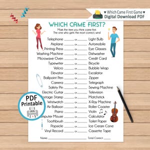以下が含まれることがあります： 「Which Came First?」というタイトルの、イラストと穴埋め問題が記載された印刷可能なPDFゲームシート。鉛筆、バイオリン、漫画のキャラクターが含まれています。このゲームはデジタルダウンロード用に設計されています。