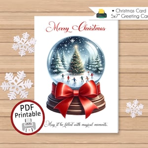 May include: A Christmas greeting card with a snow globe design. The card features a snow globe with a Christmas tree, skaters, and falling snow. The card is 5x7 inches and has the text "Merry Christmas".