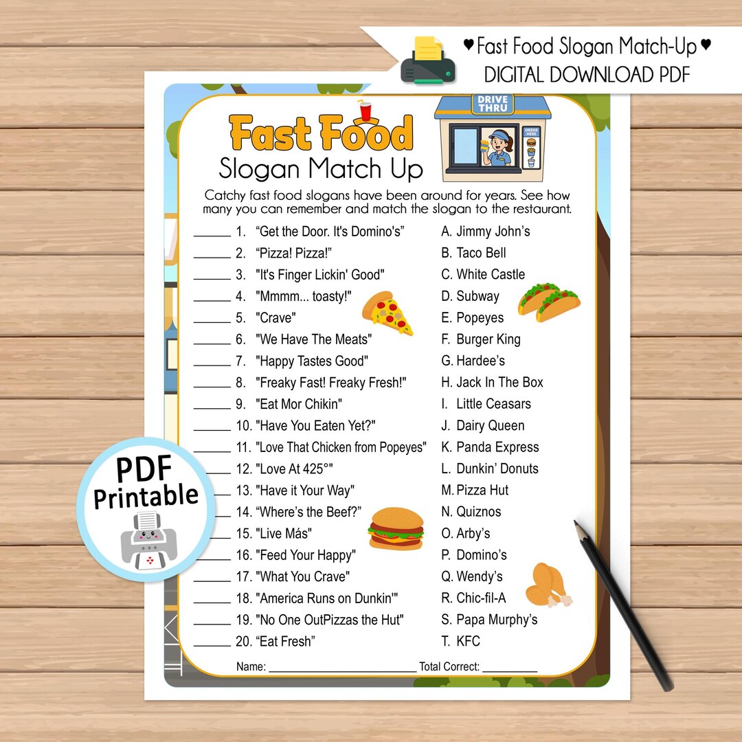 Fastmatch Activity Fast Food Slogan Match up Game: Printable Activity Quiz (PDF Digital ...