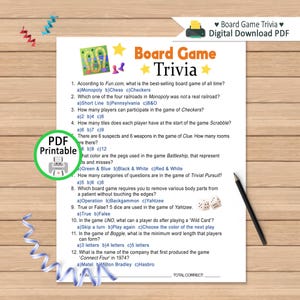 May include: A printable PDF titled "Board Game Trivia" with multiple-choice questions about board games. The sheet includes questions about Monopoly, Checkers, Scrabble, Clue, Battleship, Trivial Pursuit, and Yahtzee. A pencil and dice are also visible.