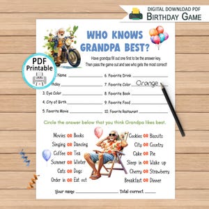 Grandpa Birthday Quiz Game: Grandparent Party Activity (Digital Download PDF)