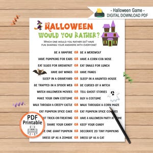Spel Halloween wil je liever: afdrukbare feestquiz (digitale download pdf)