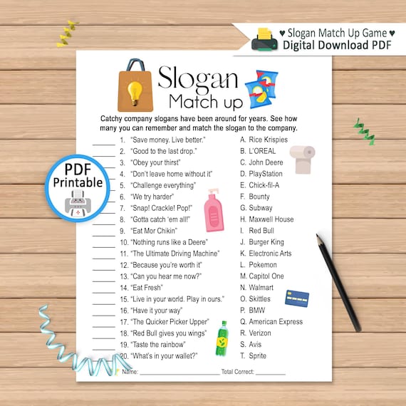 Slogan Match-Up Game: Printable Trivia for Adults & Family (PDF Digital Download)