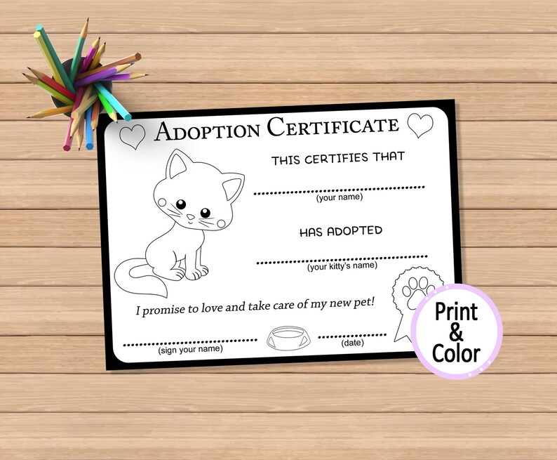 Printable Cat Adoption Certificate and Coloring Pages | Kitten Party Activity | PDF Digital ...