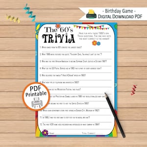 1960s Trivia Quiz Game: Retro Birthday Party Activity (Digital Download PDF)