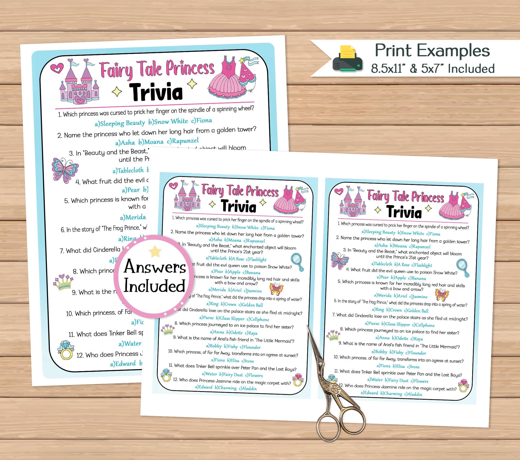 Fairy Tale Princess Trivia: Printable Questions Activity (PDF Digital Download) - Etsy