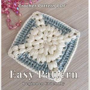 May include: A square crochet pattern in cream and light blue, with the text "Crochet Pattern PDF", "Easy Pattern", and "Beginner Friendly". The central design features a flower-like pattern. The crochet work is detailed and textured.