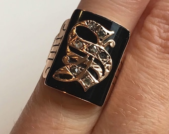 RESERVED Antique Victorian Edwardian 10k Onyx rose gold signet initial ring S with rosecut diamonds 1885