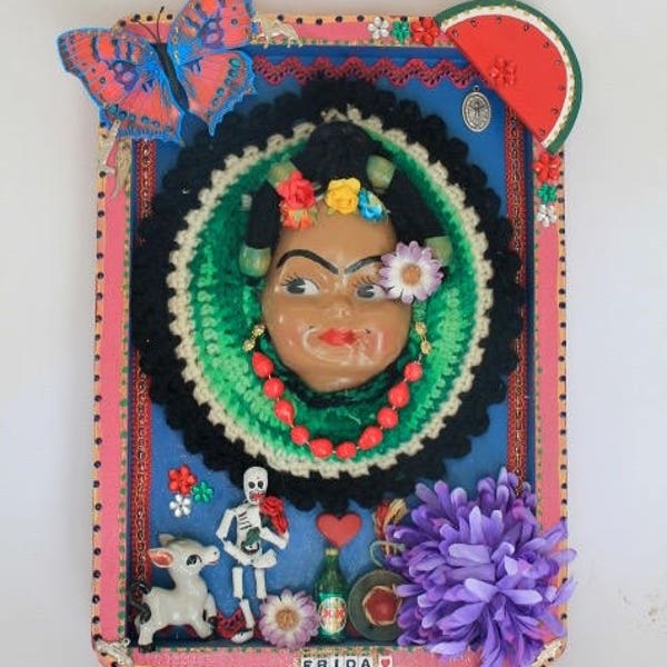 Large OOAK Frida Kahlo Doll themed artwork shrine shadow box/ Mexican Mexico Folk art Original