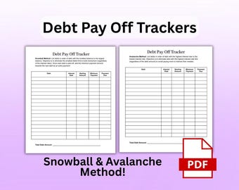 May include: Two white printable debt pay off trackers with the text "Debt Pay Off Trackers" at the top. The trackers are labeled "Snowball Method" and "Avalanche Method". The bottom of the image has the text "Snowball & Avalanche Method!" and a red PDF icon.