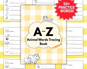 May include: An A-Z Animal Words Tracing Book with over 50 practice words. The cover has a cloud-shaped design with the title and animal illustrations. Includes tracing pages for each letter of the alphabet, with animal names.