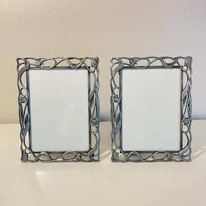May include: Two rectangular picture frames with a metallic silver finish. The frames feature an intricate, raised border design of flowing, organic vines and small flower buds that wrap around the entire perimeter of each frame.