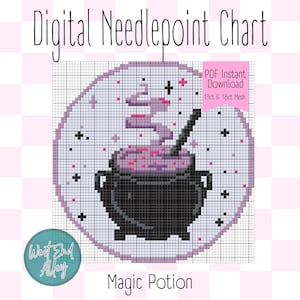 May include: Digital needlepoint chart featuring a black cauldron with a bubbling pink potion, surrounded by stars. The design includes the text "Magic Potion" and "West End Alley". The chart is available for 13ct & 18ct mesh.