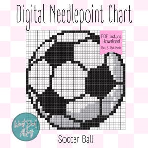 Può includere: Schema di punto croce digitale con un disegno a palla da calcio pixelato in bianco e nero. Lo schema include il testo "Digital Needlepoint Chart", "PDF Instant Download" e "Soccer Ball".