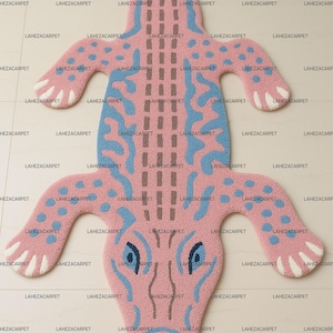 8x10 Crocodile Shape Rug for Kids Room – Pink Blue Tufted Animal Carpet, Fun Playroom or Nursery Floor Decor