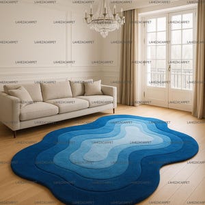 5x8 Modern Blue Hand Tufted Wool Rug – Irregular Wavy Shape Carpet for Living Room & Bedroom | Soft Gradient Wool Area Rug Floor Decor