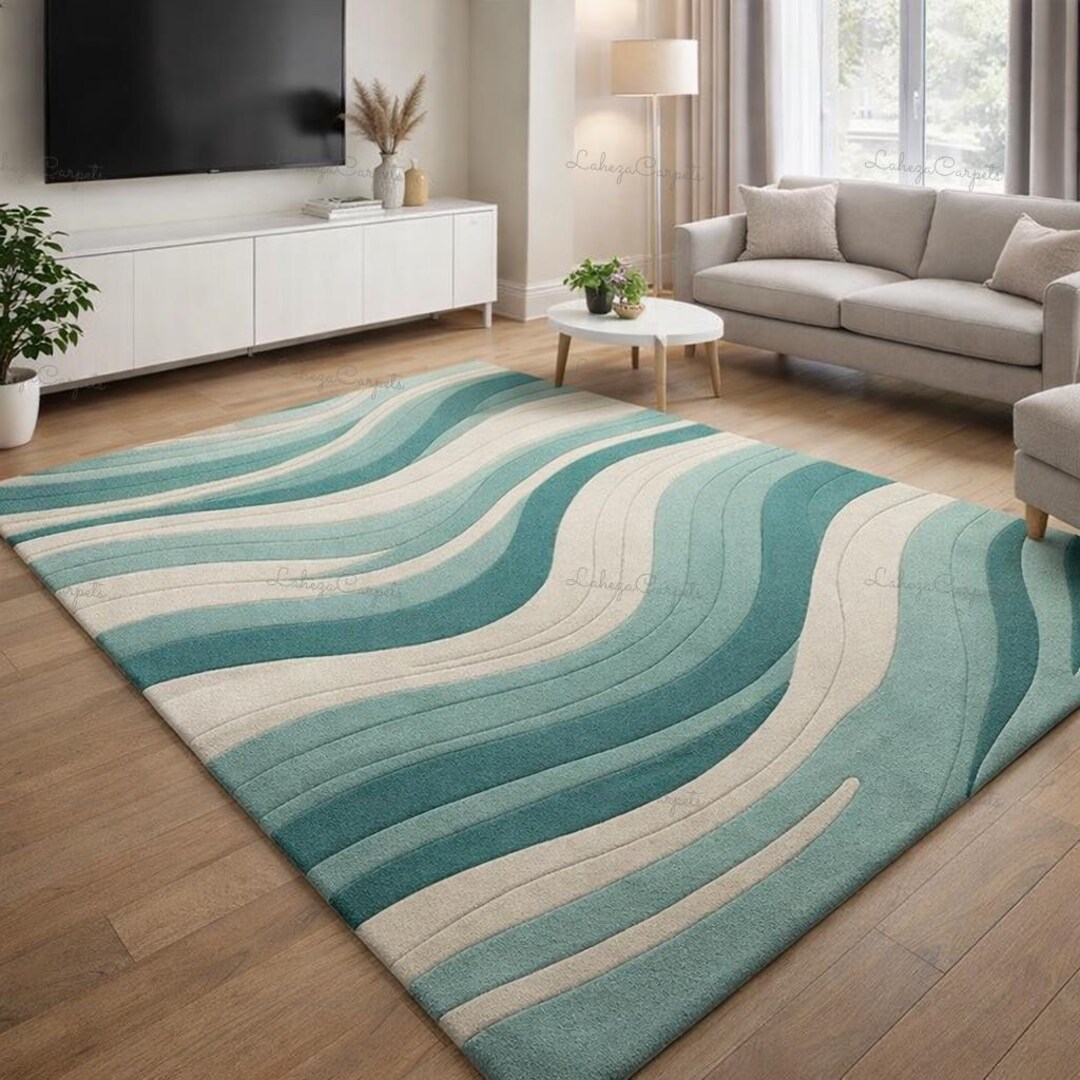 Modern Abstract Tufted Area Rug, Hand Tufted Wool Carpet, Blue & Ivory ...