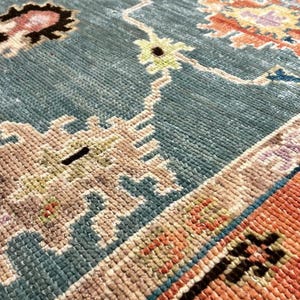 Vintage Oushak Rug – Handwoven Turkish Wool Carpet in Soft Teal and Peach 8x10 Oriental Area Rug for Living Room or Bedroom&quot;