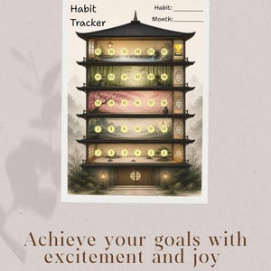 Puede incluir: Un rastreador de hábitos con un diseño de pagoda japonesa. El rastreador presenta un edificio de varios pisos con círculos numerados para rastrear hábitos. También se ve el texto "Habit Tracker" y "Achieve your goals with excitement and joy".