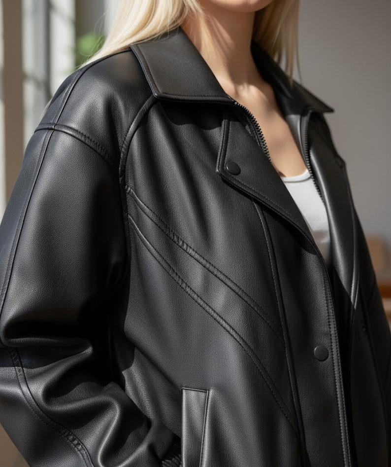 Puede incluir: Chaqueta negra de cuero sint&eacute;tico con cuello, cierre de cremallera y cierre de bot&oacute;n. La chaqueta presenta detalles de costura decorativos y un bolsillo. Una prenda de abrigo cl&aacute;sica.