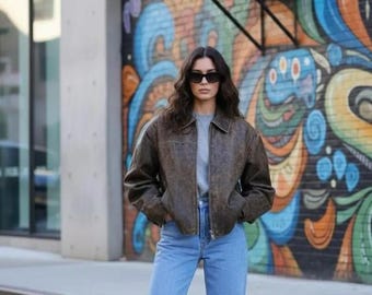 Women’s Vintage Brown Distressed Leather Bomber Jacket | Streetwear Coat For Modern