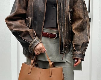 90s Ladies Distressed Brown Casual Vintage Bomber Sheep Leather Jacket Women Oversized Winter Jacket