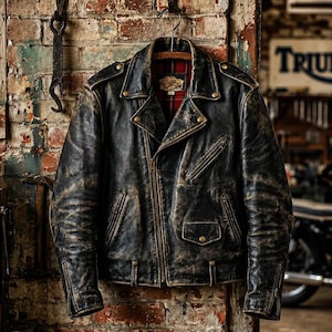 May include: A distressed black leather motorcycle jacket featuring a wide notched collar, brass-toned snap buttons, and a diagonal front zipper. The jacket includes zippered chest and sleeve pockets, a small flap pocket, and a red plaid interior lining.