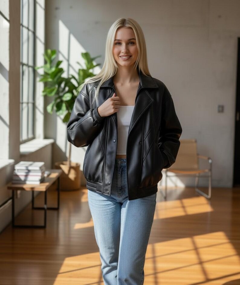 Puede incluir: Chaqueta de cuero negra con cuello y cierre de botones. La chaqueta tiene dobladillo y pu&ntilde;os acanalados. La persona lleva una camiseta blanca y vaqueros azul claro. El fondo incluye una ventana, una planta y un banco de madera.
