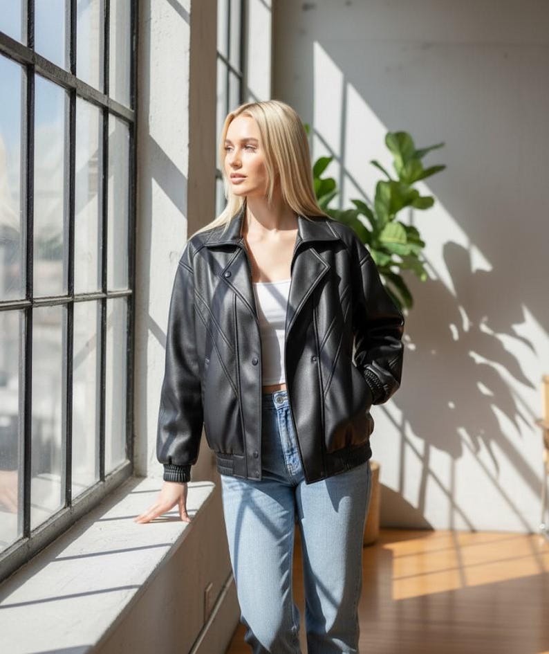 Puede incluir: Chaqueta bomber de cuero sint&eacute;tico negro con cuello con muescas, cierre de botones y pu&ntilde;os acanalados. La chaqueta se combina con vaqueros azul claro. El modelo est&aacute; de pie cerca de una ventana grande.