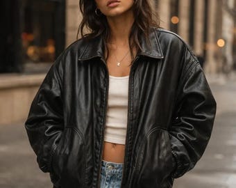 Women’s Oversized Black Leather Bomber Jacket Vintage Style Baggy Biker Coat, Streetwear Zip Up Casual Jacket, Trendy Gift for Her