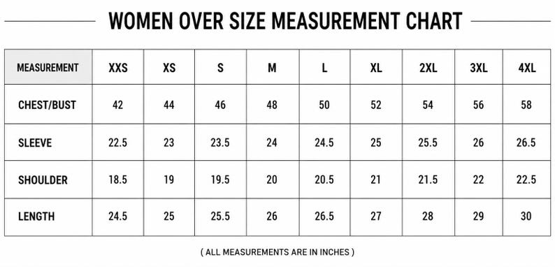 May include: A black and white sizing chart titled WOMEN OVER SIZE MEASUREMENT CHART. The table lists sizes from XXS to 4XL with corresponding measurements for chest/bust, sleeve, shoulder, and length in inches as stated at the bottom.