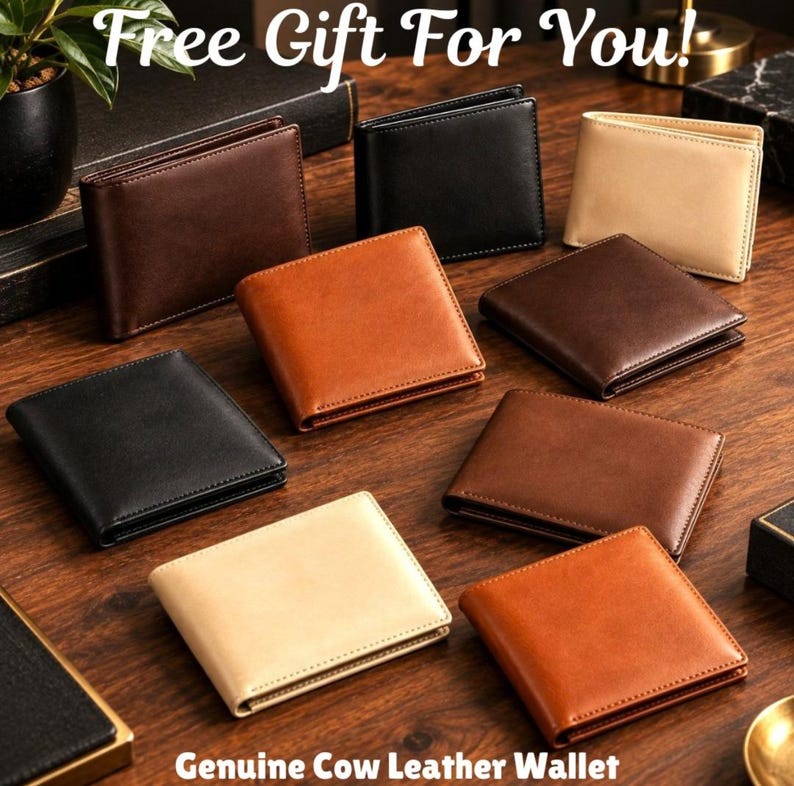 May include: A collection of bifold wallets in black, dark brown, tan, and beige leather. The text "Free Gift For You!" and "Genuine Cow Leather Wallet" is visible. These wallets are arranged in a group on a wooden surface.
