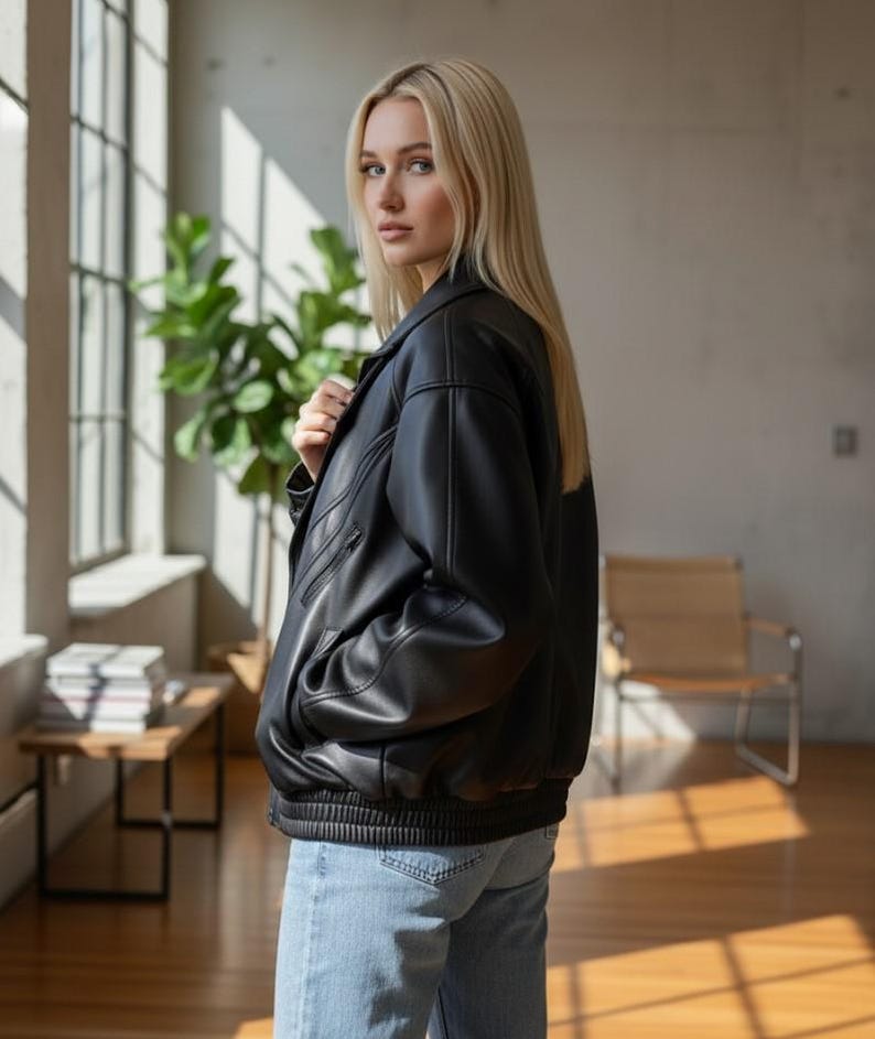 Puede incluir: Chaqueta bomber de cuero negro con dobladillo y pu&ntilde;os de canal&eacute;. La chaqueta tiene un dise&ntilde;o cl&aacute;sico con cuello, cierre de cremallera y bolsillos. La chaqueta se lleva con vaqueros azules.