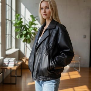 Puede incluir: Chaqueta de cuero negra con cuello cl&aacute;sico y dobladillo acanalado. La chaqueta tiene cremallera frontal y bolsillos. La modelo lleva vaqueros azul claro. La chaqueta es una opci&oacute;n de abrigo elegante.