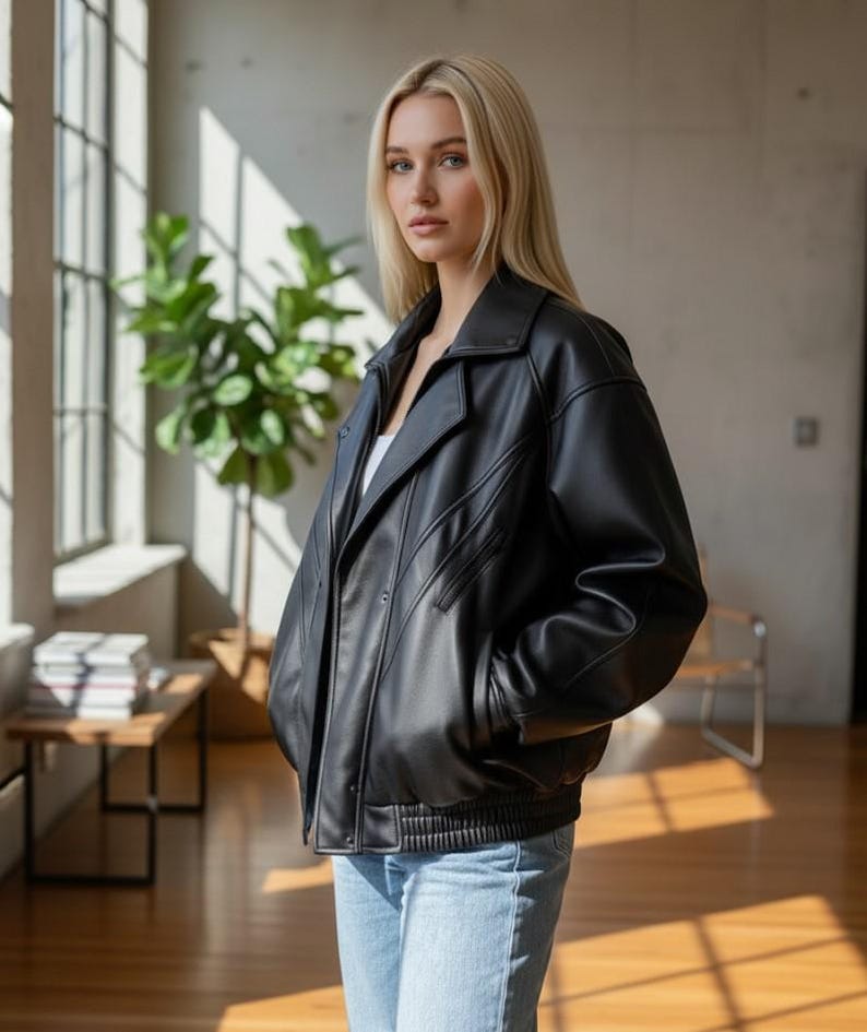 Puede incluir: Chaqueta de cuero negra con cuello cl&aacute;sico y dobladillo acanalado. La chaqueta tiene cremallera frontal y bolsillos. La modelo lleva vaqueros azul claro. La chaqueta es una opci&oacute;n de abrigo elegante.